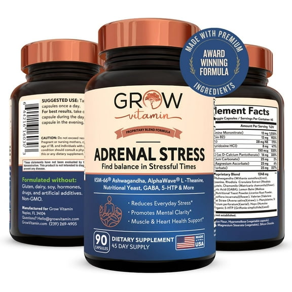 Adrenal Stress Advanced Formula - Reduce Stress, Promote Calmness and Fight Fatigue - All Natural Vegetarian - 90 Capsules