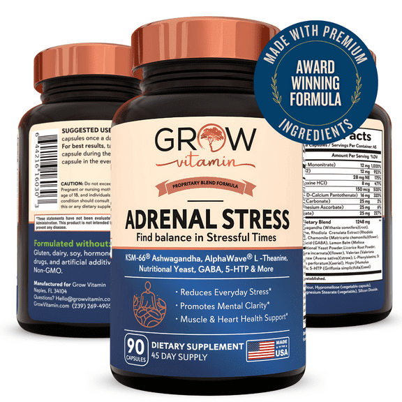 Grow Vitamin Adrenal Stress Support with Ashwagandha, L-Theanine, L-Tyrosine | Stress Reduction & Neural Protection (60 Capsules)