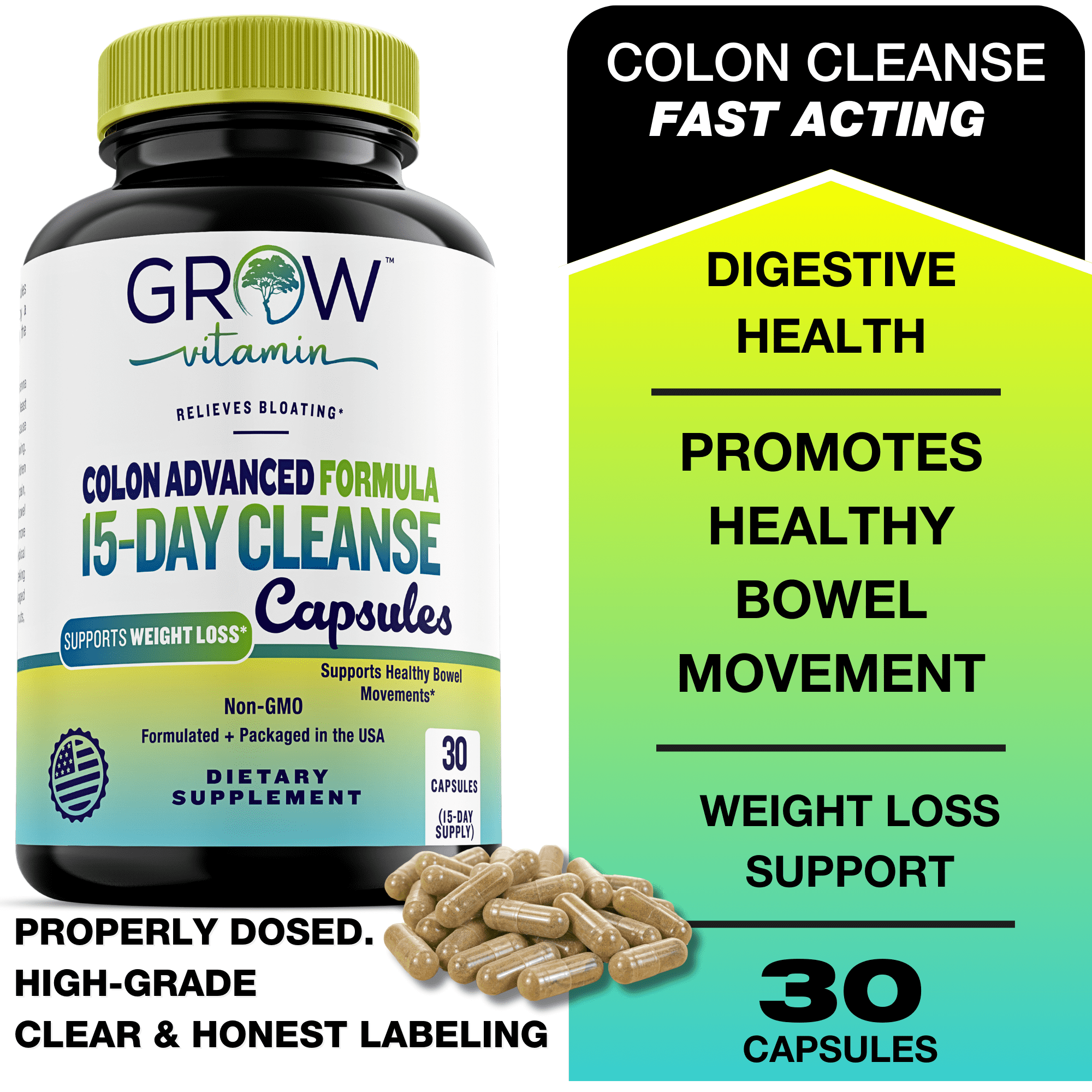 Grow Vitamin Fast Acting Colon Cleanse Formula, Supports Healthy Bowel  Movements & Weight Loss, Natural Laxatives for Constipation Relief &  Bloating