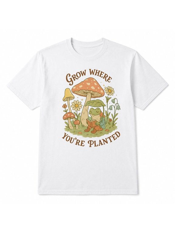Grow Where You're Planted Frog Mushroom Graphic T-Shirt | Cottagecore Nature Tee | Unisex S–4XL