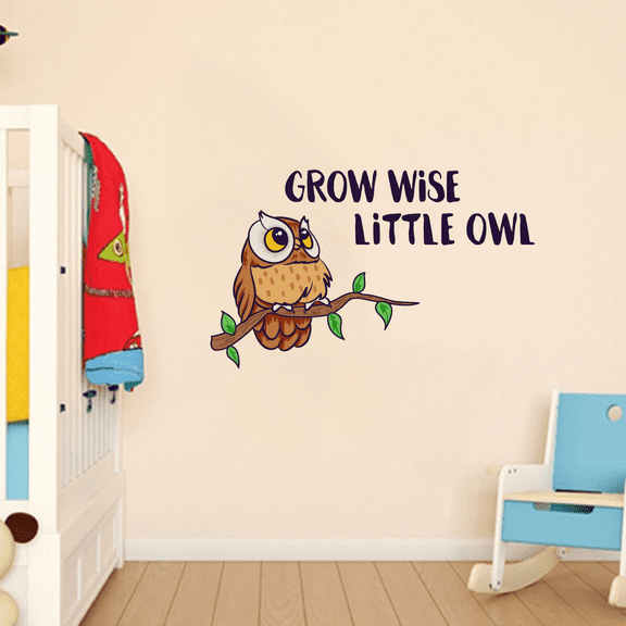Grow Wise Little Owl Quotes Home Wall Art Decal - 14" x 20" Vinyl Living Room Bird Animal On A Tree Branch Adhesive Decor Design Removable Children's Room Nursery Decoration Sticker
