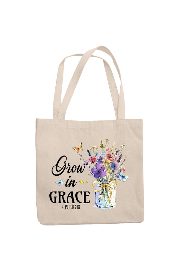 Grow in Grace 2 Peter 3 18 Scripture with Flowers in a Jar Art Merch Gift, 12oz Canvas Tote Bag