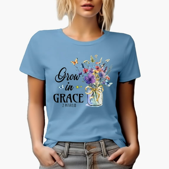 Grow in Grace 2 Peter 3 18 Scripture with Flowers in a Jar Art Merch Gift, Baby Blue T-Shirt, Medium