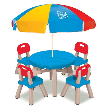 Grow'n Up Kids Patio Set with 4 Chairs, Umbrella - Rustic Aesthetic with Realistic Details