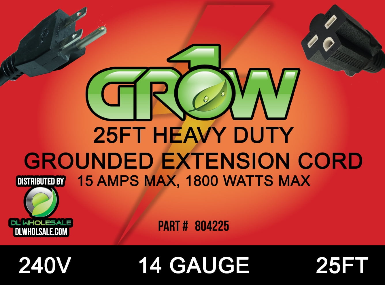 Grow1 240V Extension Cord 14 Gauge (25ft) - (Individual Packaging)