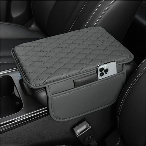 GrowAlong Universal Car Center Console Armrest Cover for Vehicle, Gray PU Leather Pad Protector With 2 Storage Bag