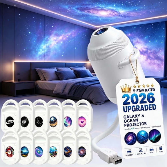 Growbyways 5D Holographic Night Light Projector,Plug And Play Hd Smart Dynamic Ocean Galaxy Star Projector Night Light, 360° Adjustable Ceiling Projector For Bedroom,12 Projection Films