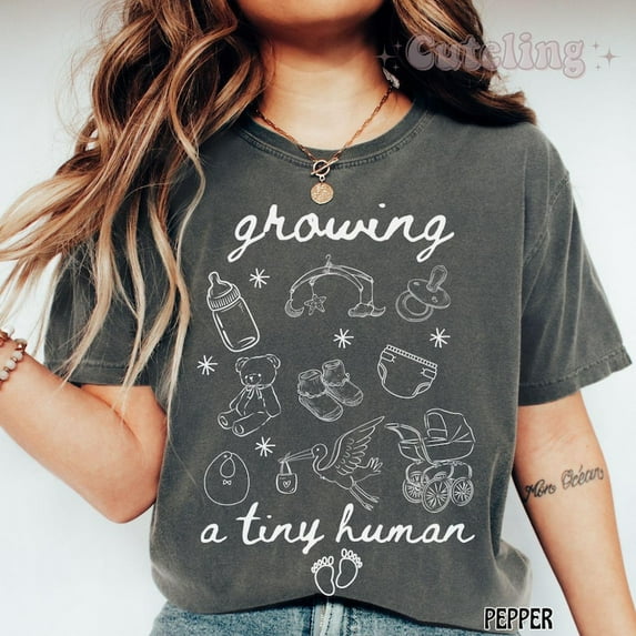 Growing A Tiny Human T-Shirt, Pregnancy Announcement Shirt, Comfort Colors Baby Reveal Gift for Mom