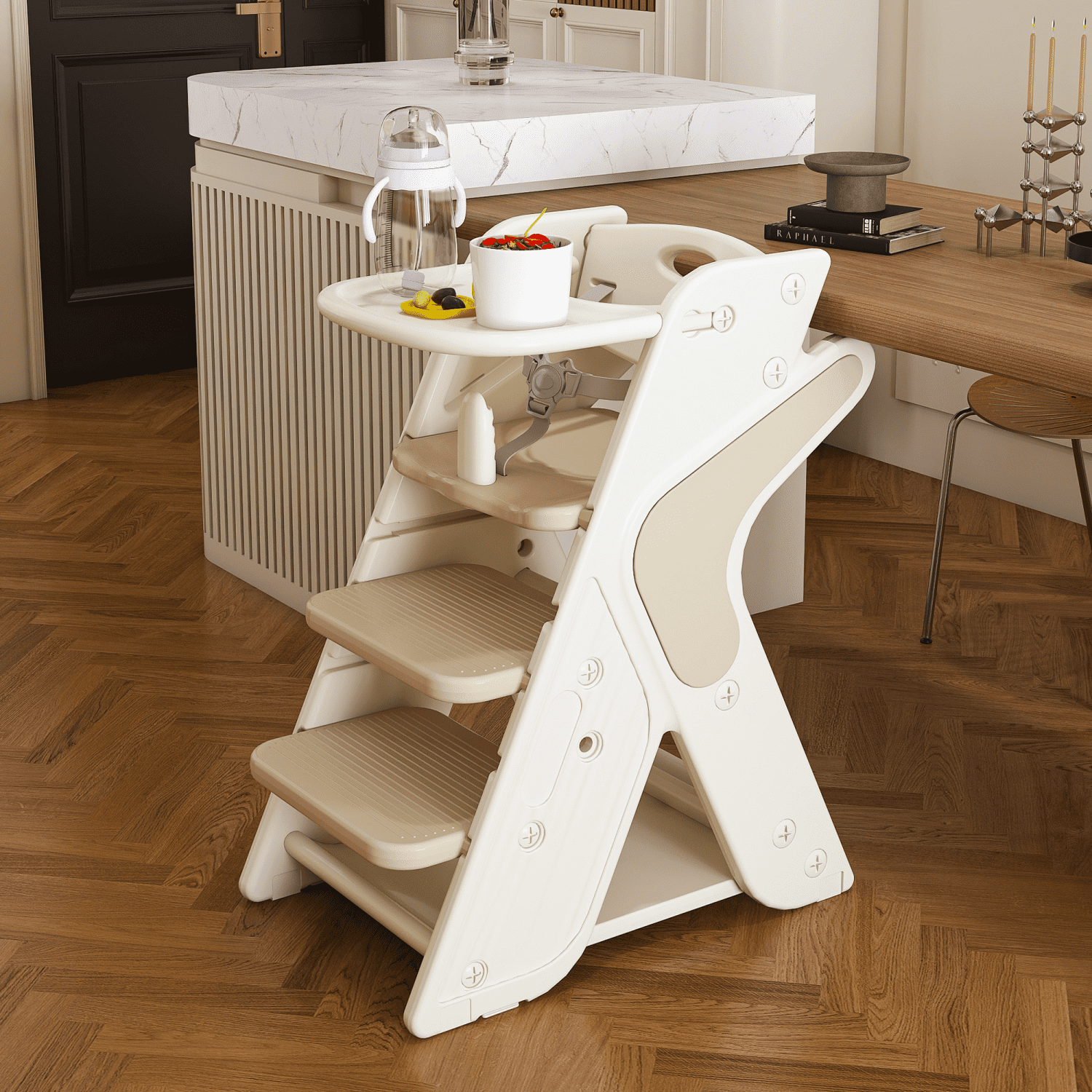 Growing Up Dining Chair, Adjustable Height Toddler Tower, 3-in-1 Baby High Chair for Eating and Feeding, Kids Stool with Non-Slip Surface, Easy to Clean, White+ Charcoal