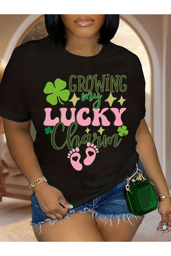 Growing My Lucky Charm Clover Women Expectant Mom Casual Short Sleeve T-Shirt