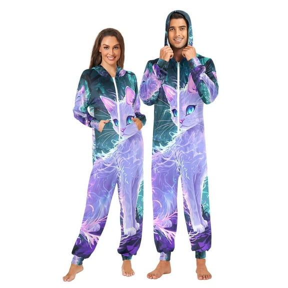 Growing White Cat Adult Onesie Pajamas Slim Fit Christmas One Piece Suit Pjs for Women and Men Hooded Zipper