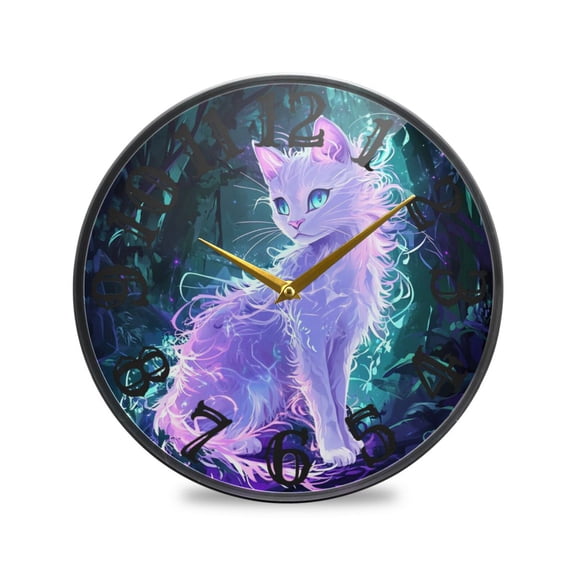 Growing White Cat Wall Clock 10 Inch Silent Non Ticking Battery Operated Easy to Read for Kitchen Living Room