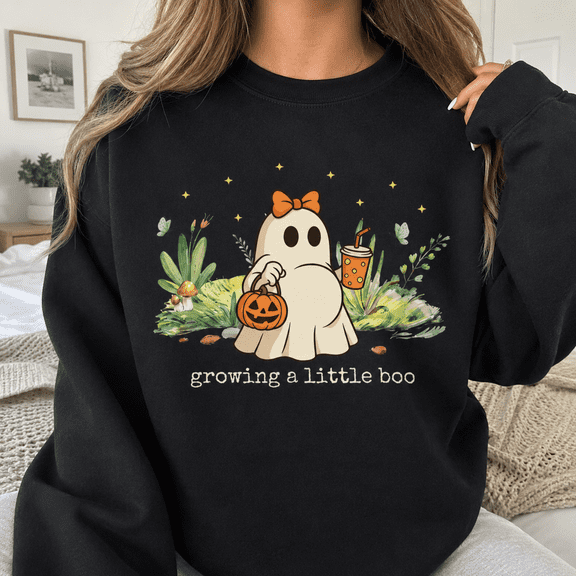 Growing a Little Boo Pregnant Ghost Halloween Graphic Crewneck Sweatshirt, Unisex Fit