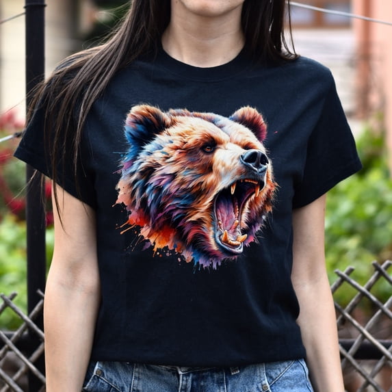 Growling Bear Color Splash Wildlife Animal Graphic T-Shirt