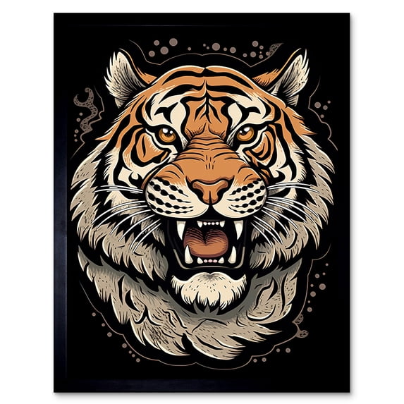Growling Tiger Old School USA Tattoo Ink Body Art Rockabilly Americana 50s Art Print Framed Poster Wall Decor 12x16 inch