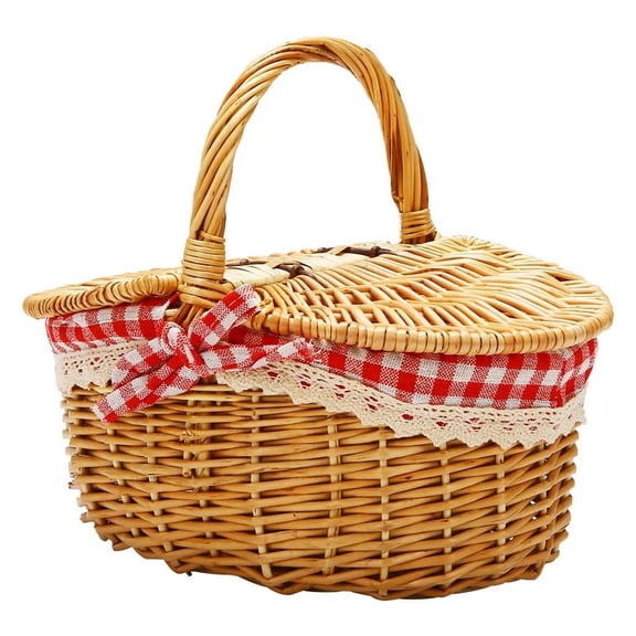 Growment Natural Wood Double Lidded Wicker Picnic Hamper With Lid
