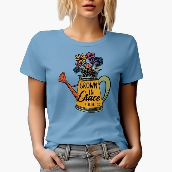 Grown in Grace 2 Peter 3 18 with Flowers in a Watering or Sprinkling Can Art Merch Gift, Baby Blue T-Shirt, 3XL