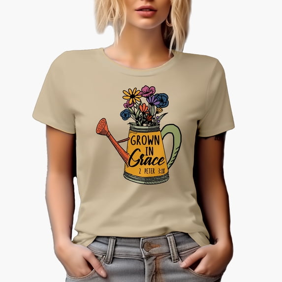 Grown in Grace 2 Peter 3 18 with Flowers in a Watering or Sprinkling Can Art Merch Gift, Tan T-Shirt, XL