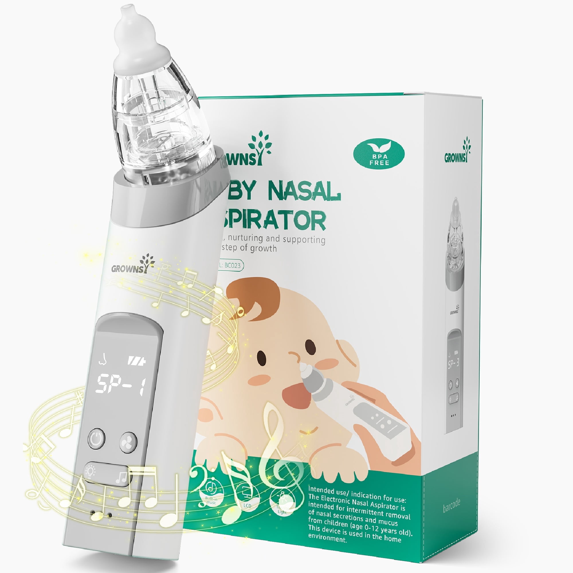 Grownsy Baby Nasal Aspirator Nose Sucker Nose Cleaner Rechargeable, White