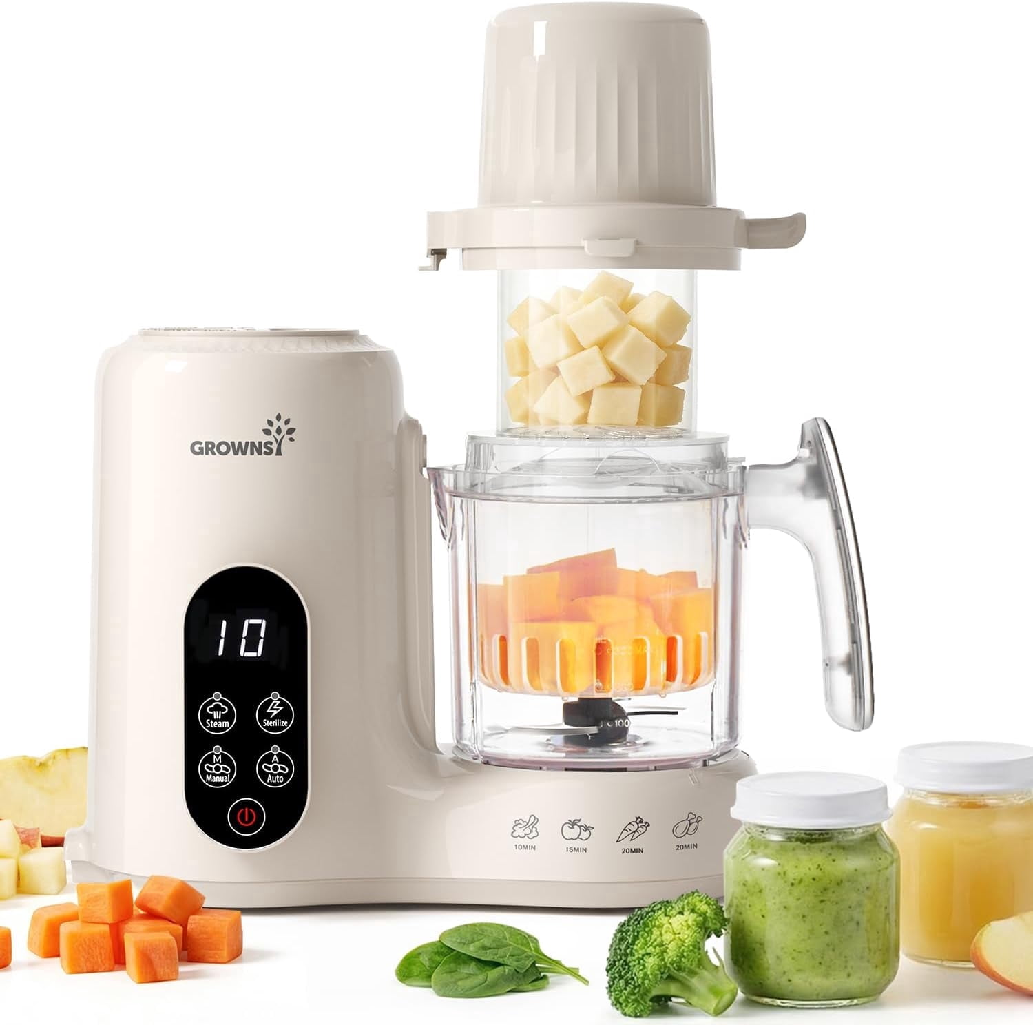 Grownsy Baby Food Maker with Dual-Layer Steam Basket | Baby Food Processor for Starting Solids & Babies 6+ Months | Steamer Blender & Puree Machine for Healthy Homemade Baby Food, BPA-Free,Cream