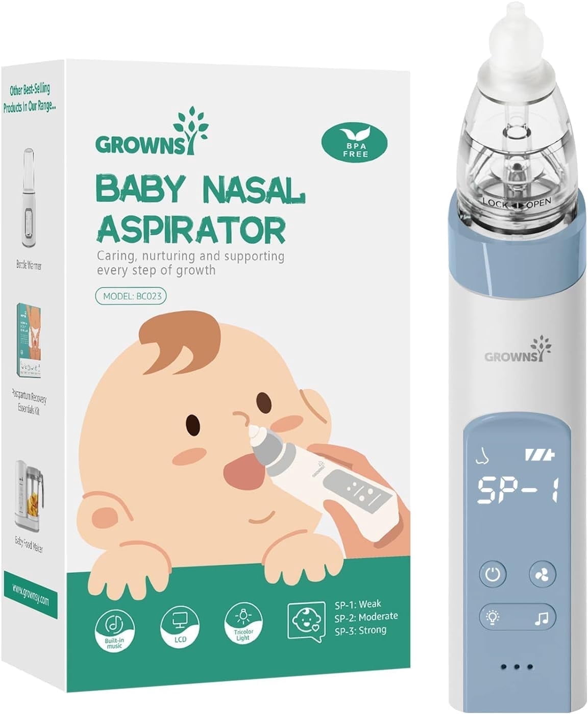 Grownsy Baby Nose Sucker with 3 Silicone Tips, 3 Suctions, Music and Light Soothing Function Blue