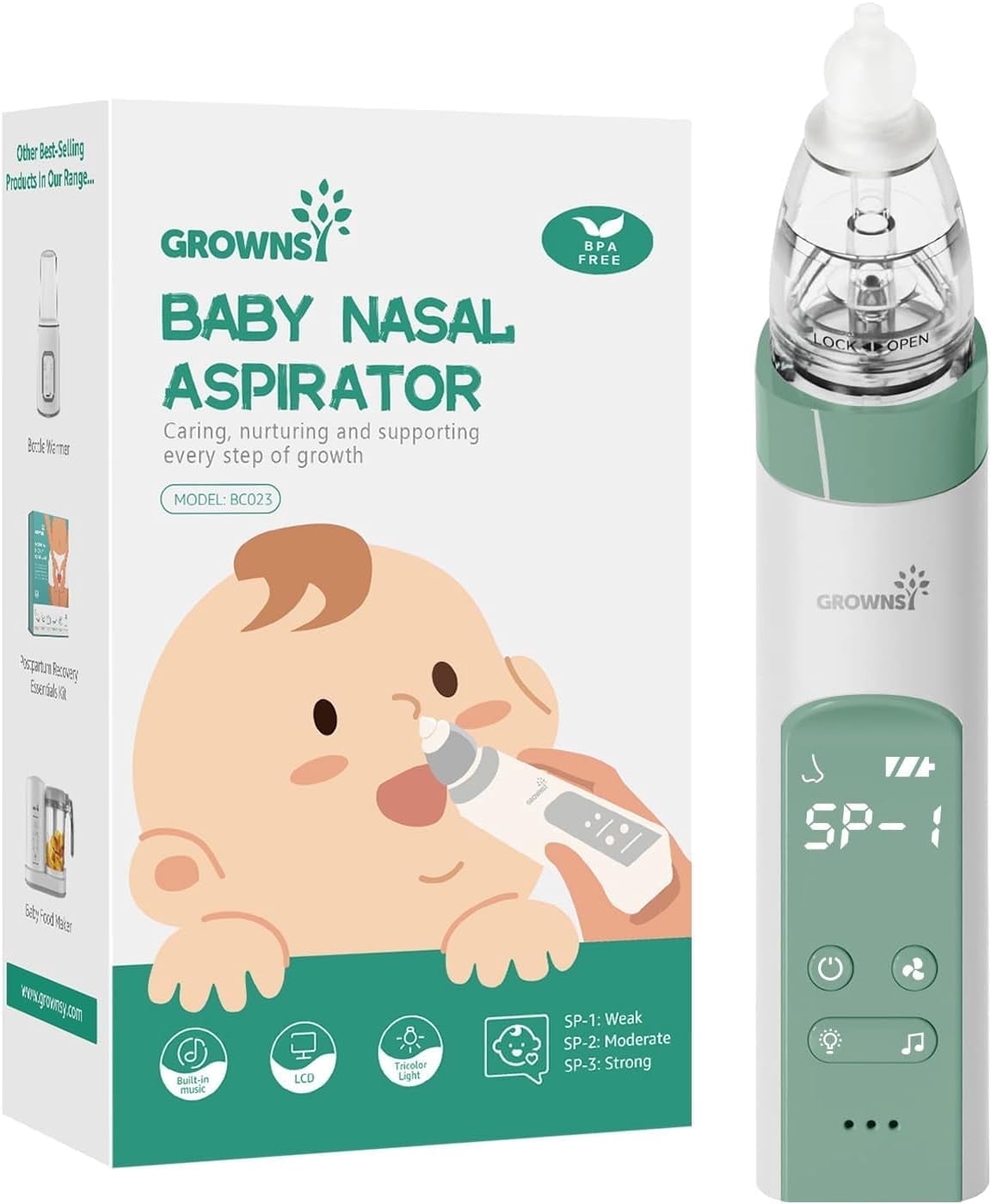 Grownsy Nasal Aspirator,Baby Nose Sucker,with 3 Silicone Tips,3 Suction Level,Music and Light Soothing Function Green