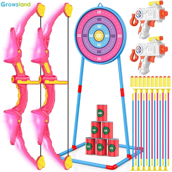 Growsland 2 Pack Bow and Arrow Set for Kids, Light Up Archery Set with 14 Suction Cup Arrows, Archery Targets Outdoor Games for Kids Ages 4-8 8-12 Years Old Kids