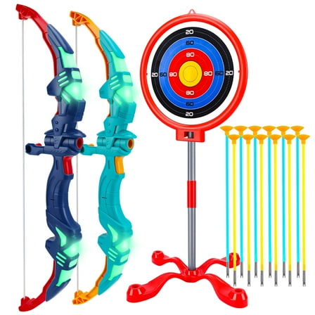 Growsly 2 Pack Bow and Arrow Set Toy for Kids with LED Flash Lights and 12 Suction Cup Arrows, Standing Target,  for 3-12 Years Old Kids, Blue and Green