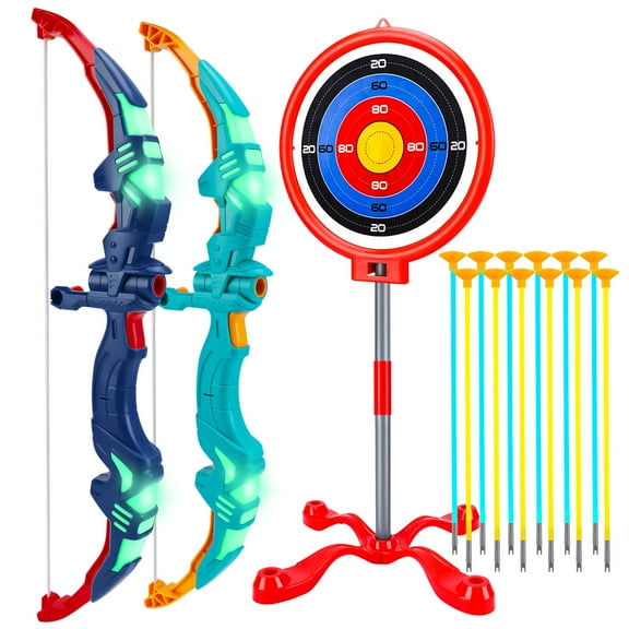 Growsly 2 Pack Bow and Arrow Set Toy for Kids with LED Flash Lights and 12 Suction Cup Arrows, Standing Target,  for 3-12 Years Old Kids, Blue and Green