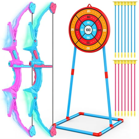 Growsly 2 Pack Bow and Arrow Set Toy for Kids with LED Flash Lights and 14 Suction Cup Arrows, Standing Target, for 3-12 Years Old Kids, Blue and Pink