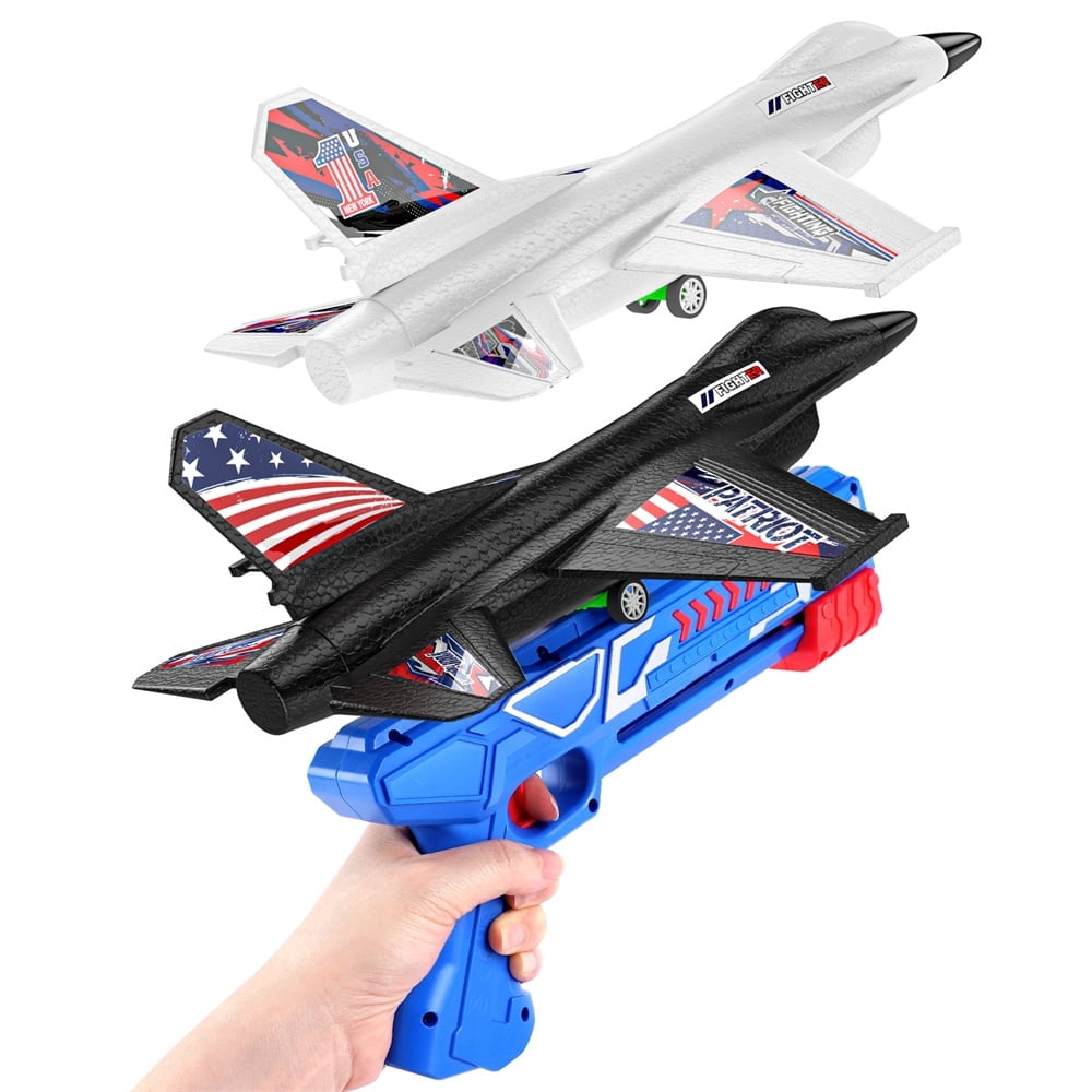 Growsly 2 Pack Catapult Airplane Foam Warplane Glider Toys with Launcher Xmas Gifts for 4-12 Years Old Kids, Black and White