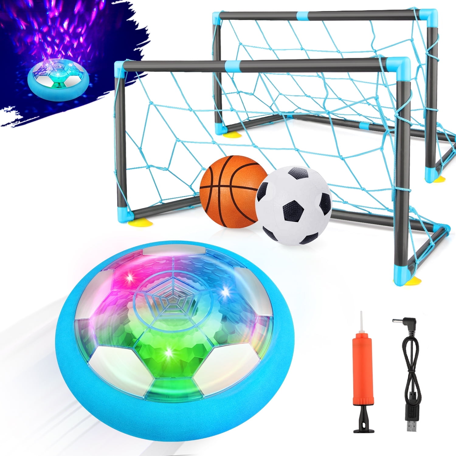 Growsly 2 in 1 Starlight Hover Soccer Ball Set Sport Indoor Toys Projector Rechargeable Air for 3-10 Years Old Kids, Light Blue