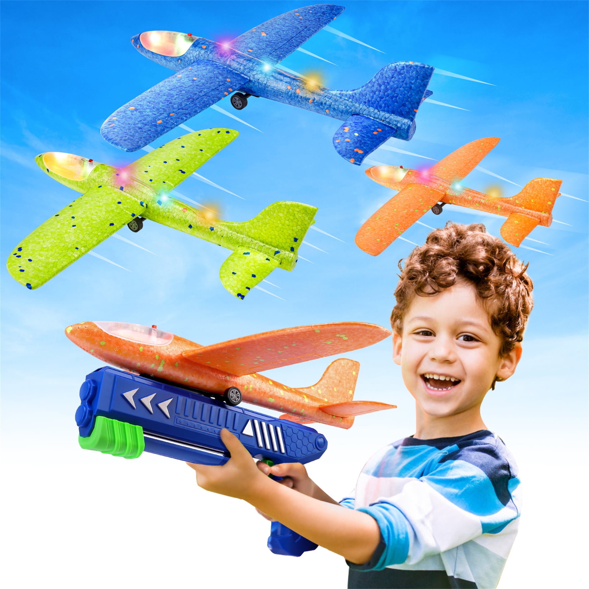 Growsly 3 Pack Airplane Launcher Toys, 12.6 inch Foam Glider LED Airplane, 2 Flight Modes Catapult Airplane Boy Toys Kids Outdoor Flying Toys Gifts 4