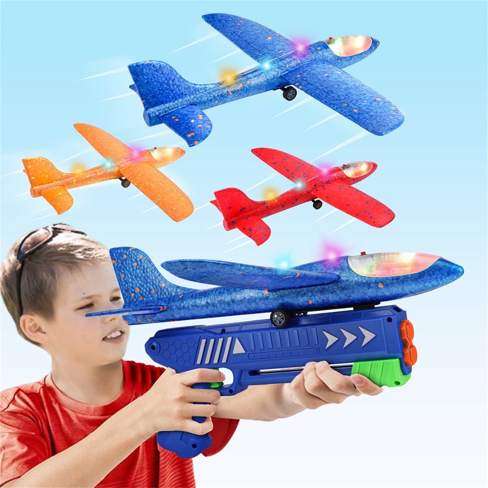 Growsly 3 Pack Catapult Airplane Foam Glider Outdoor Toy for 4-12 Years Old Kids, Red Orange Blue