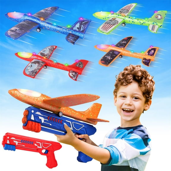 Growsly 4 Pack Catapult Airplane Glider Toy for 4-12 Kids, Red, Orange, Blue, Green
