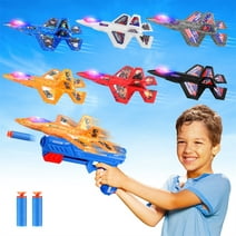 Growsly 6 Pack Small Catapult Airplanes with DIY Stickers, LED Lights, Two Bullets and Launcher Xmas Gifts for 4-12 Kids, Red,Orange,Blue,White,Gray,Black