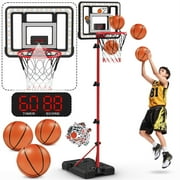 Growsly Adjustable Height Basketball Hoop for Kids with Stand and Electronic Scoreboard and LED Light, Indoor Outdoor Backyard Sport Game Gifts Toys for 3-8 Kids
