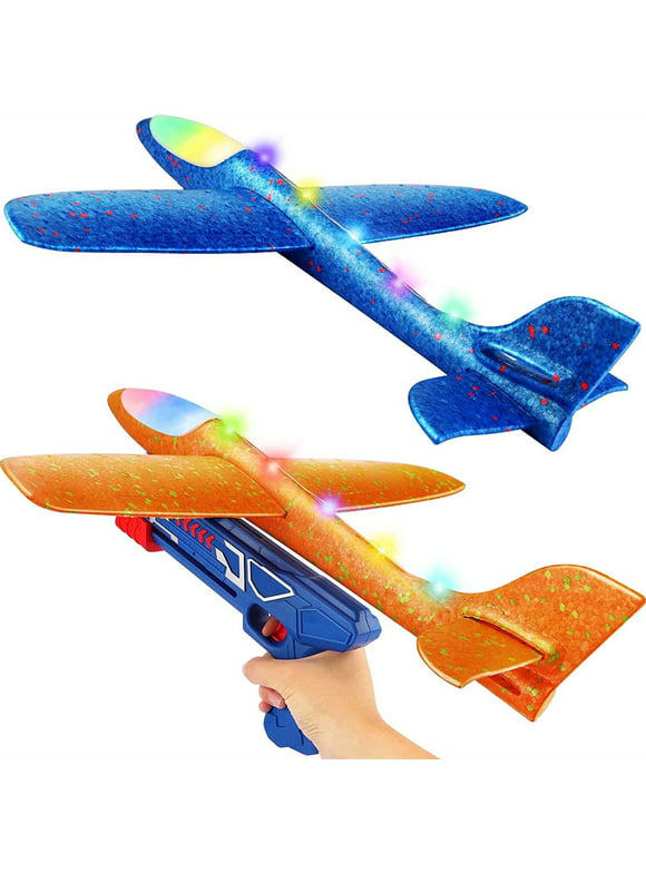 Growsly Catapult Airplanes Launcher Toy, 2 LED Throwing Foam Gliders with Launchers for 4 5 6 7 8 9 10 11 12 Years Old Kids Boys&Girls, Blue and Orange