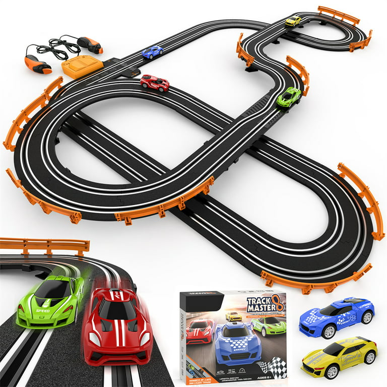 Growsly Electric Cars Race Track Set with 4 High-Speed Slot Cars Dual Racing  Game Lap Counter Circular Overpass Track for 4-12 Years Old Kids 