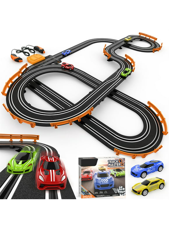 Growsly Electric Cars Race Track Set with 4 High-Speed Slot Cars Dual Racing Game Lap Counter Circular Overpass Track for 4-12 Years Old Kids