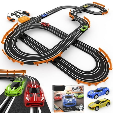 Growsly Electric Cars Race Track Set with 4 High-Speed Slot Cars Dual Racing Game Lap Counter Circular Overpass Track for 4-12 Years Old Kids