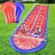 Growsly Slip and Slide Lawn Water Slide, 30FT Heavy Duty Double Lane for Kids Backyard Games with Sprinkler and 2 Bodyboards, Red