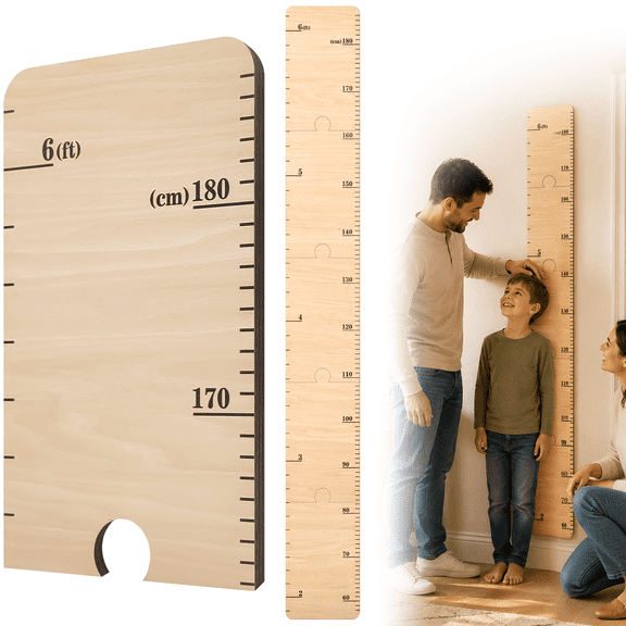 Growth Chart for Wall, Dual Scale Wood Decor, Adjustable Height Measurement Ruler with Non-Mark Adhesive, Wooden Height Chart for Room Wall Decor (Natural Wood)