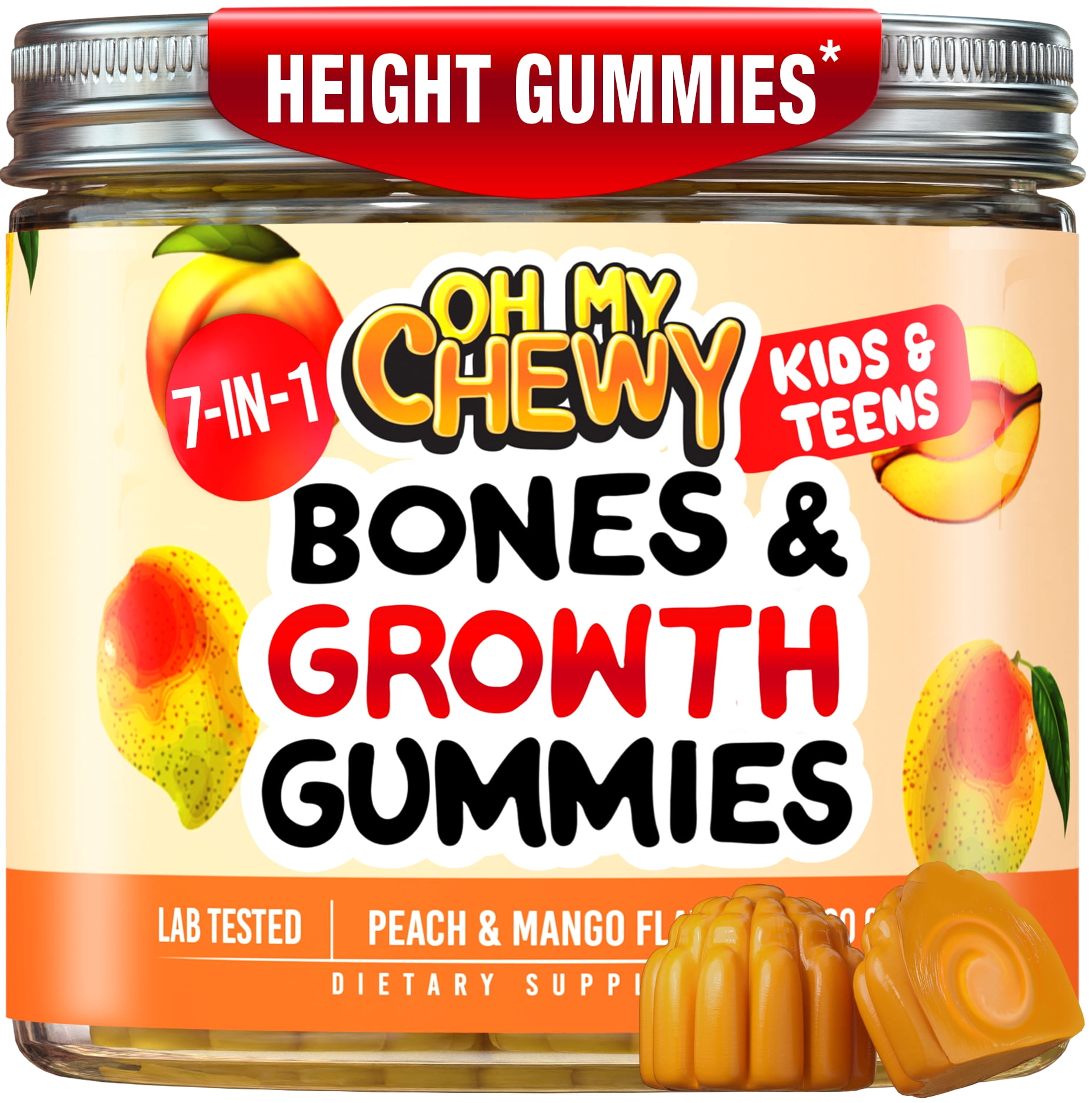 OH MY CHEWY Height Growth Vitamin Gummies for Kids & Teens - Growing Up and Bones Support for Supplement with Calcium, Zinc, Vitamin D3, K2, Spirulina and Astragalus – Peach & Mango 60 CT