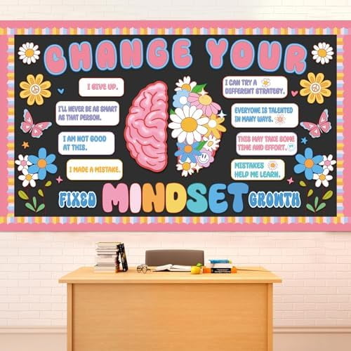 Growth Mindset Bulletin Board Classroom Decoration Boho Hippie Change Your Mindset Bulletin Board Set Spring Pastel Daisy Brain Butterfly Cutout Positive Saying Poster Decor for Back to School Te
