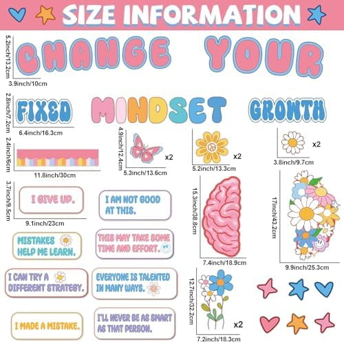 Growth Mindset Bulletin Board Classroom Decoration Boho Hippie Change Your Mindset Bulletin Board Set Spring Pastel Daisy Brain Butterfly Cutout Positive Saying Poster Decor for Back to School Te