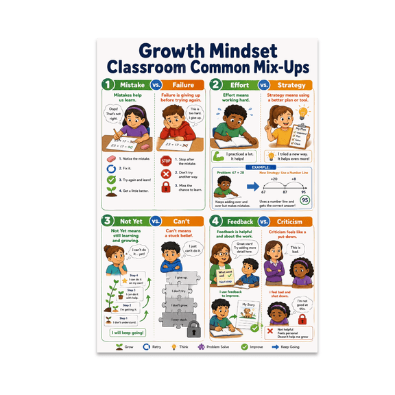 Growth Mindset Classroom Common Poster, Teaching Spaces and Learning Engagement and Growth Mindset Discussions, 13x19 Glossy Paper