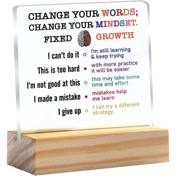 Growth Mindset Gift Change Your Words Change Your Mindset Clear Desk Decorative Sign Keepsake Present Positive Acrylic Plaque with Wooden Stand Sign Desk Decor for Home Office