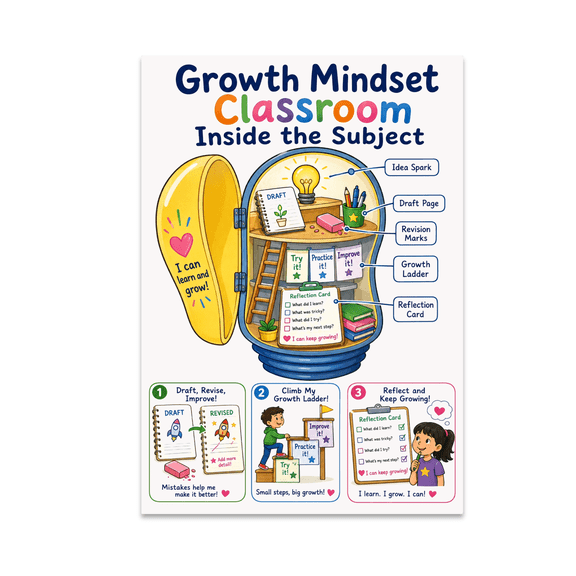 Growth Mindset Inside the Subject Poster, Classrooms and Learning Spaces, 13x19 Glossy Paper