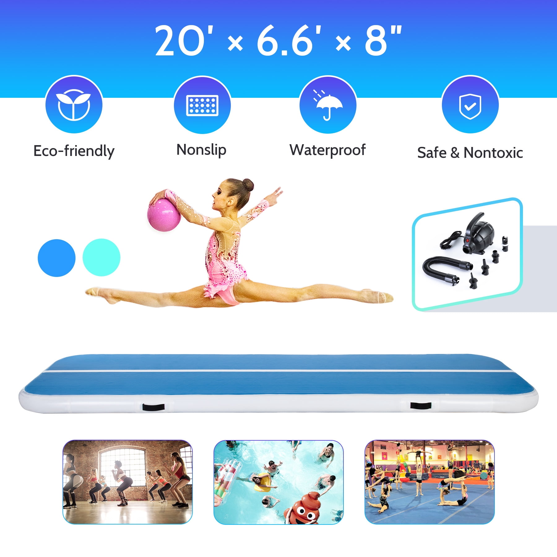 Growthrill Air Track Inflatable Home Gymnastics Tumbling Mat 1Min Inflation& Deflation